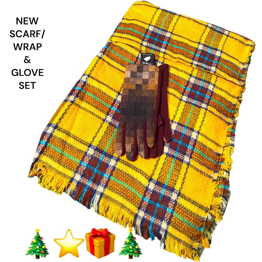 NWT SOFT BROWN CHECKERED GLOVES & OVERSIZED WRAP/SCARF, GORGEOUS BRIGHT COLORS